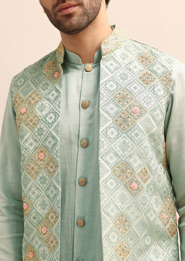 Green Kurta Set With Embroidered Jacket