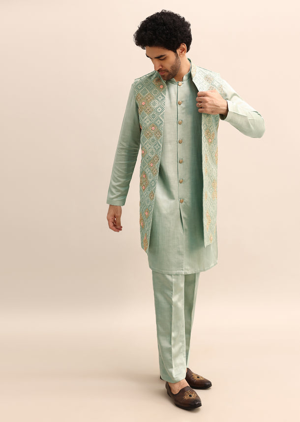 Green Kurta Set With Embroidered Jacket