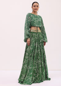 Green Printed Chiffon Crop Top And Skirt