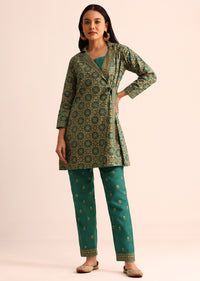 Green Printed Silk Kurta And Pant