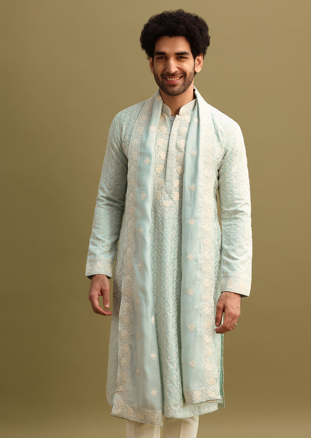 Green Resham Work Kurta Set With Dupatta