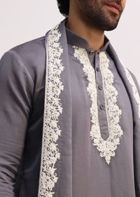 Grey Embroidered Men Kurta Set With Dupatta