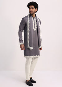 Grey Embroidered Men Kurta Set With Dupatta