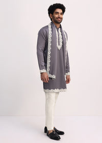 Grey Embroidered Men Kurta Set With Dupatta