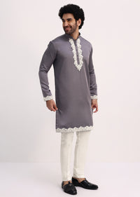 Grey Embroidered Men Kurta Set With Dupatta