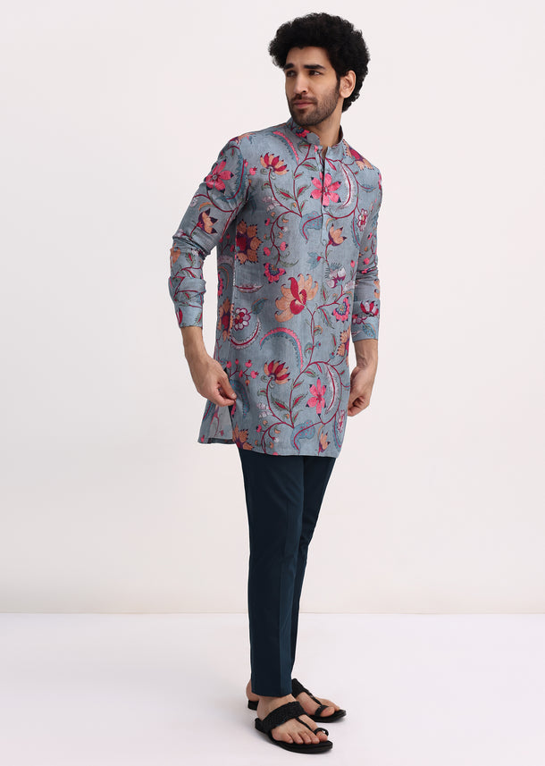 Grey Printed Kurta Set For Men