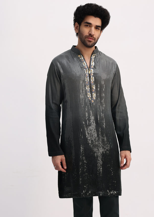 Grey Shaded Sequin Zipper Kurta With Black Pants