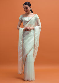 Ice Blue Embroidered Saree With Unstitched Blouse