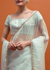 Ice Blue Embroidered Saree With Unstitched Blouse