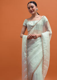 Ice Blue Embroidered Saree With Unstitched Blouse