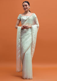 Ice Blue Embroidered Saree With Unstitched Blouse