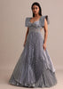 Ice Blue Organza Double Layered Circular Pleated Gown With Fancy Sleeves