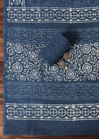 Batik Hand Block Printed Dress Material In Indigo Blue