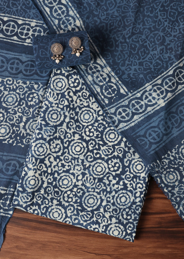 Batik Hand Block Printed Dress Material In Indigo Blue