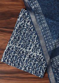 Indigo Blue Cotton Dress Material In Batik Hand Block Print