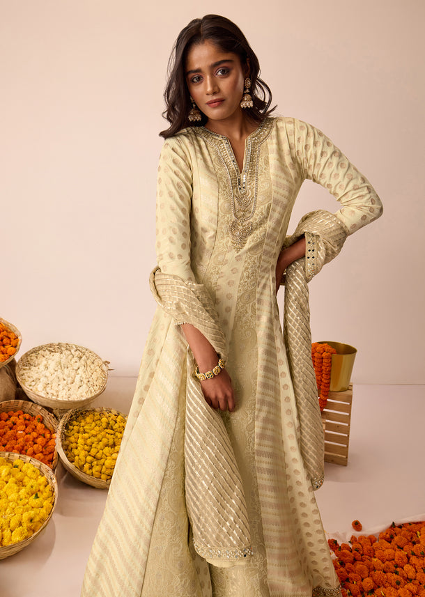 Ivory Zari Embroidered Anarkali With Dupatta