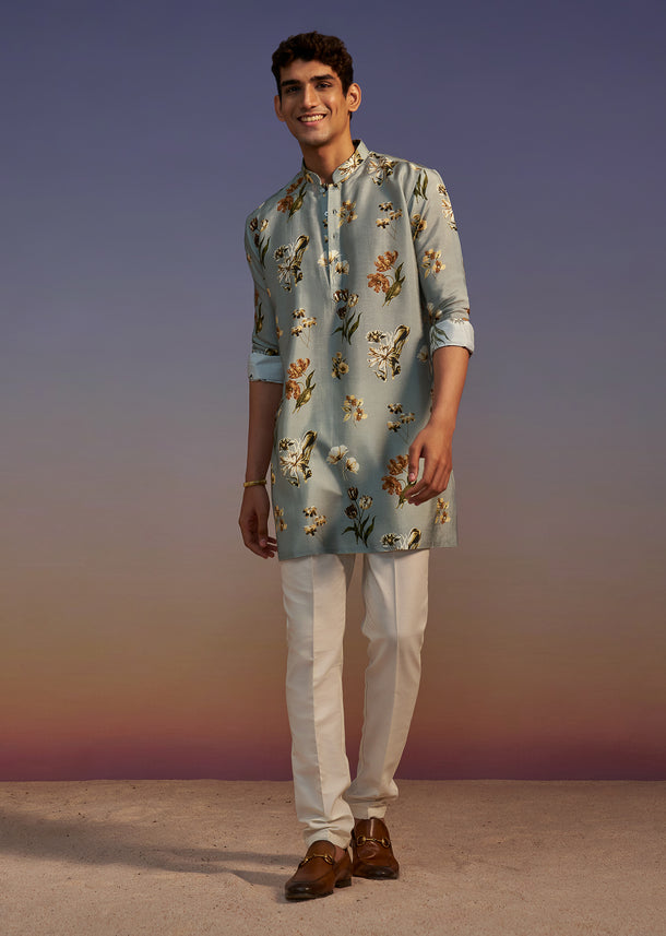 Grey Floral Printed Silk Short Kurta Set For Men