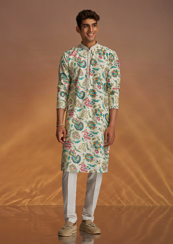 White Silk Kurta Set With Cold Coloured Nature Motifs