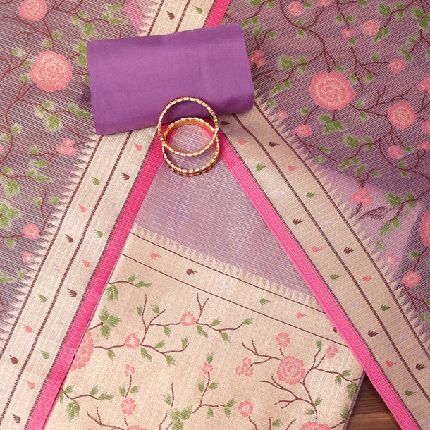 Lavender Paithani Woven Silk Dress Material