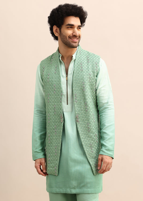 Light Green Hand Embroidered Silk Kurta Jacket Set