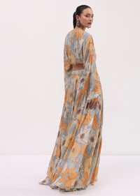 Light Grey Printed Chiffon Crop Top And Skirt