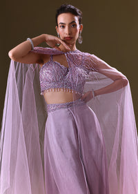 Lilac Embroidered Bustier And Cape With Flared Pant