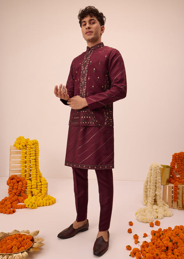 Maroon Silk Jacket Kurta Set With Embroidered Work