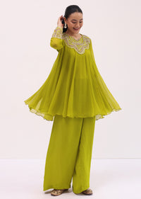 Mehendi Green Embroidered Chiffon Kurta Palazzo