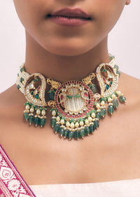 Multicolour Choker Set With Kundan Work In Mix Metal