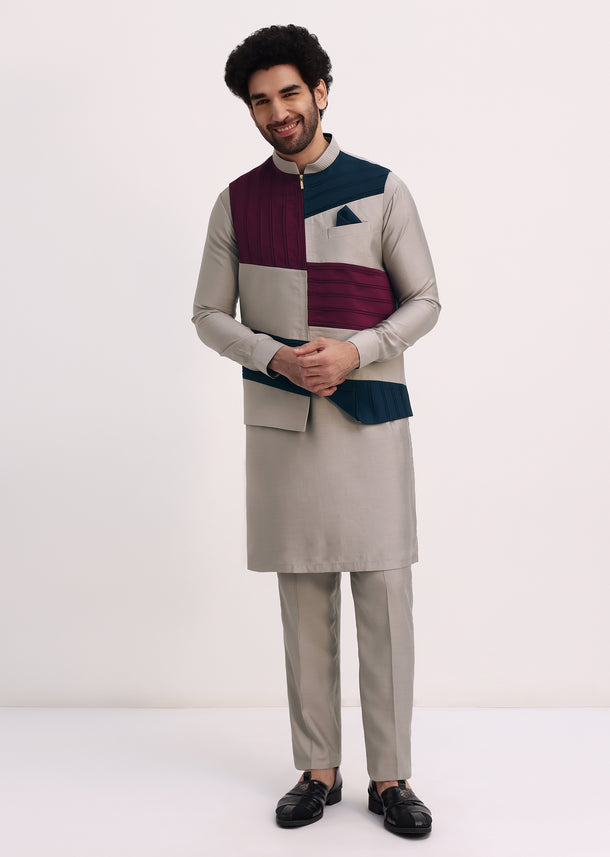 Multicolour Self Work Kurta Jacket Set