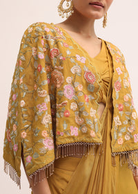 Mustard Yellow Embroidered Fusion With Attached Dupatta And Cape