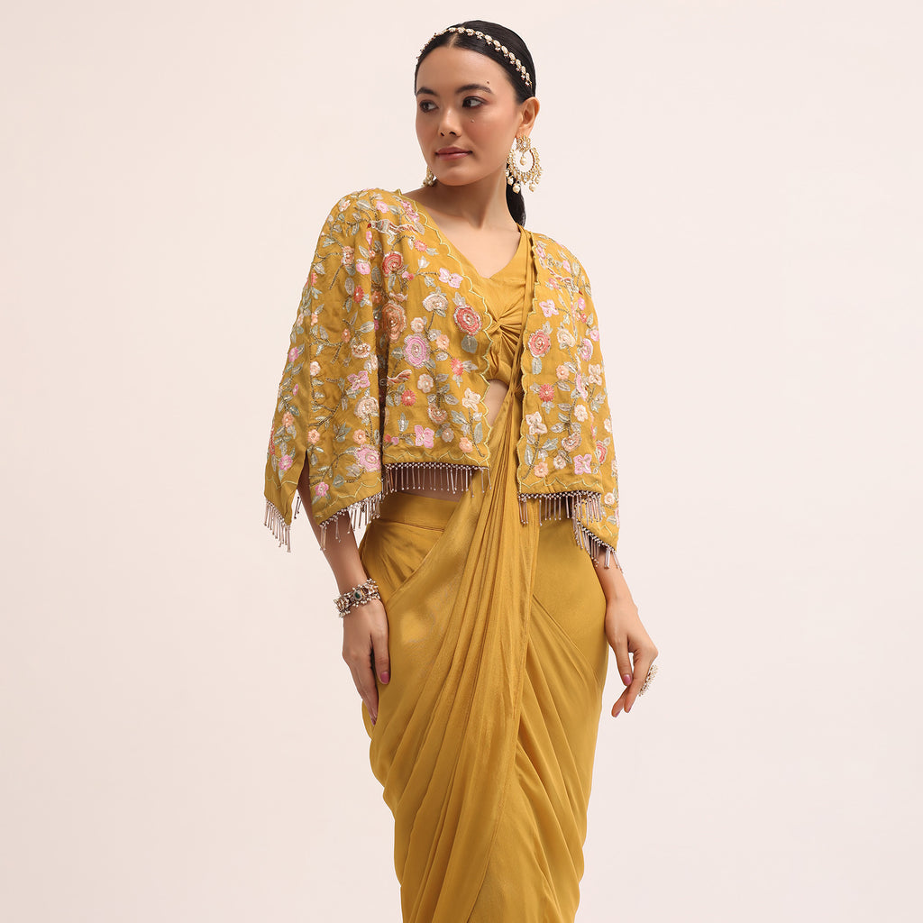 Mustard Yellow Embroidered Fusion With Attached Dupatta And Cape