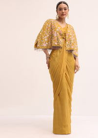 Mustard Yellow Embroidered Fusion With Attached Dupatta And Cape