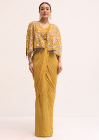 Mustard Yellow Embroidered Fusion With Attached Dupatta And Cape