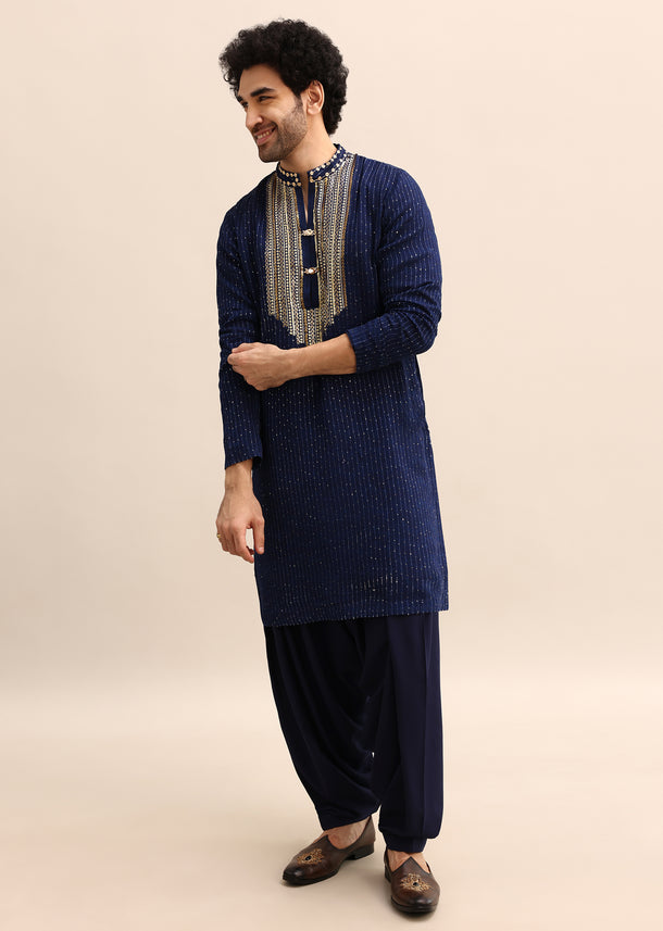 Navy Blue Gold Coin Work Kurta Salwar Set