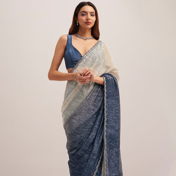 Navy Blue Dual Shaded Sequins Saree With Scalloped Border