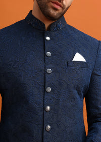 Navy Blue Silk Sherwani With Resham Work For Men