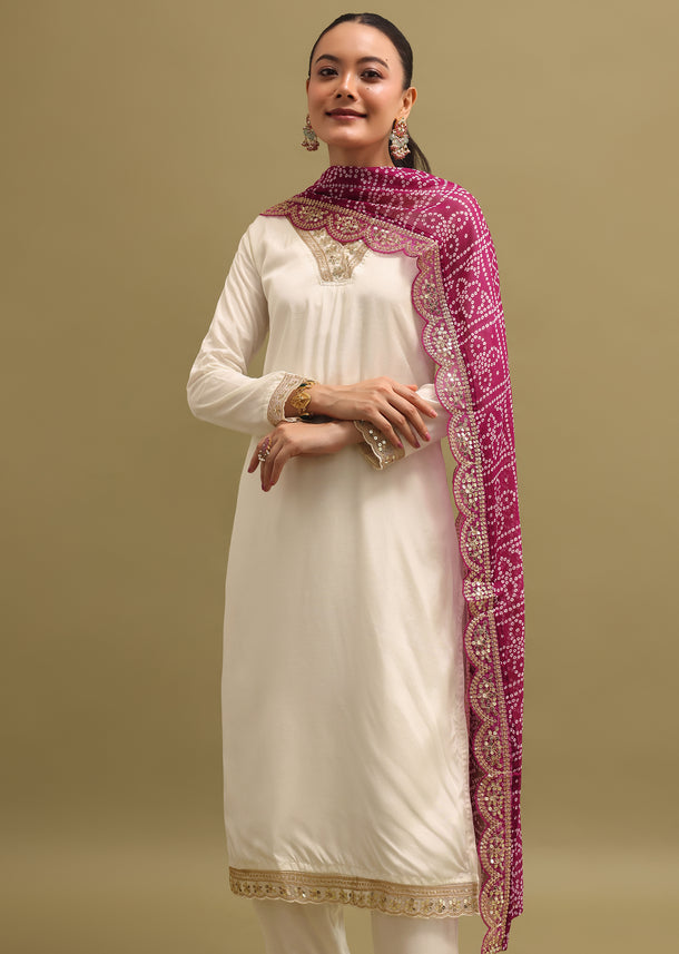 Off White And Purple Cotton Silk Kurta Set With Dupatta