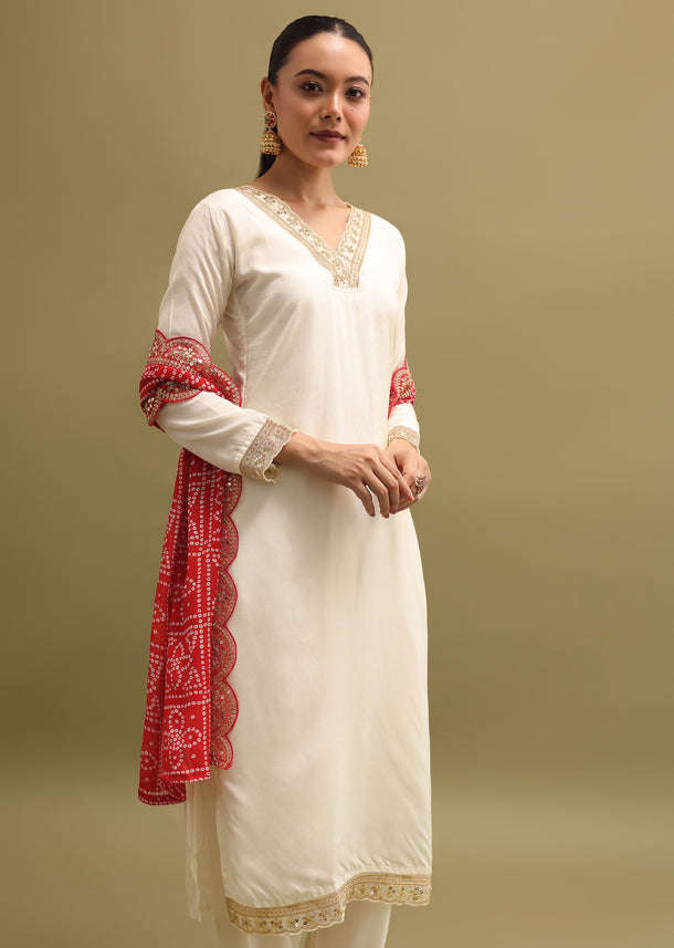 Off White And Red Cotton Silk Kurta Set With Dupatta