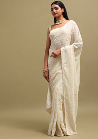 Off White Georgette Chikankari Embroidered Saree With Unstitched Blouse