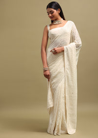 Off White Georgette Chikankari Embroidered Saree With Unstitched Blouse