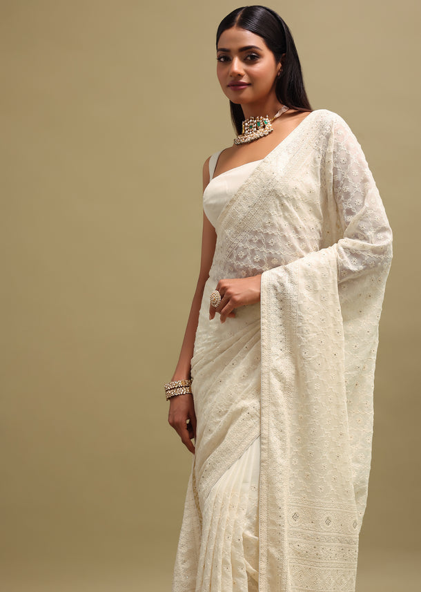 Off White Georgette Chikankari Embroidered Saree With Unstitched Blouse