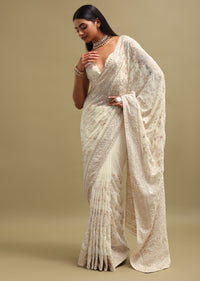 Off White Georgette Parsi Gara Saree With Unstitched Blouse