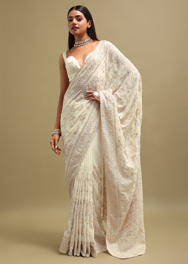 Off White Georgette Parsi Gara Saree With Unstitched Blouse