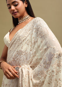 Off White Georgette Parsi Gara Saree With Unstitched Blouse