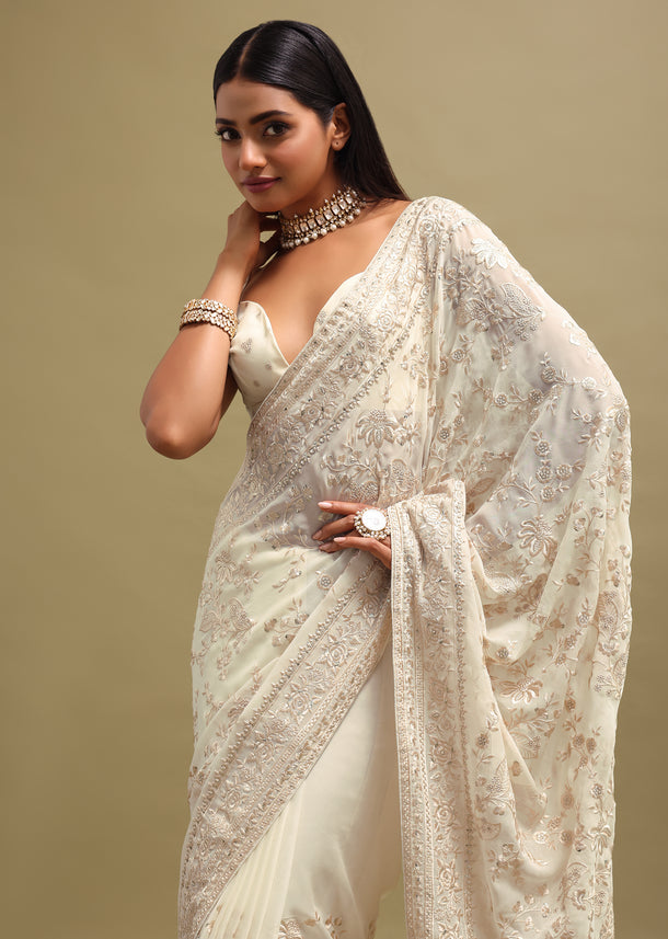 Off White Georgette Parsi Gara Saree With Unstitched Blouse