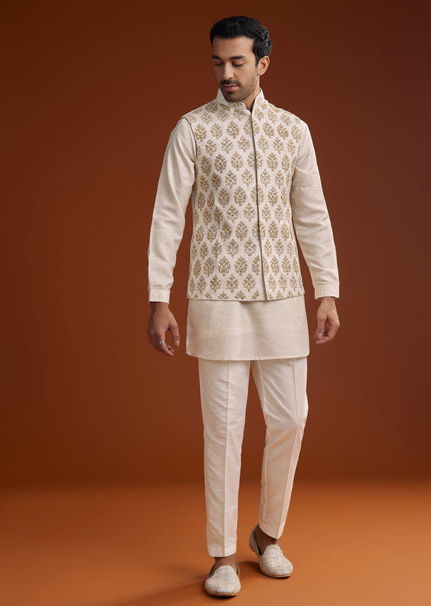 Off White Linen Silk Kurta Jacket Set With Zari Work For Men