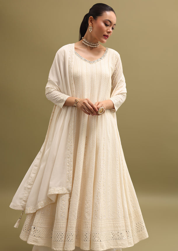 Off White Lucknowi Georgette Anarkali Suit Set