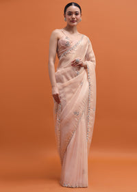 Peach Embroidered Saree With Unstitched Blouse