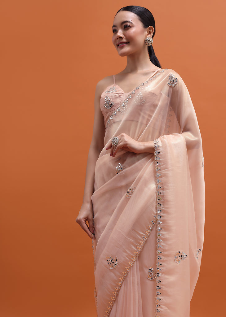 Peach Embroidered Saree With Unstitched Blouse